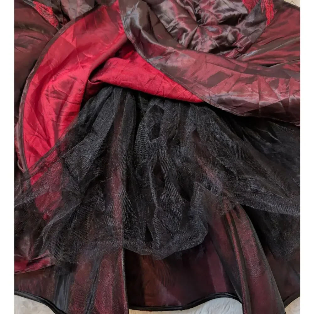 Vintage 80s Issabeau Girls Brocade Party Coat Dress Red Black Jacquard Fit Flare
